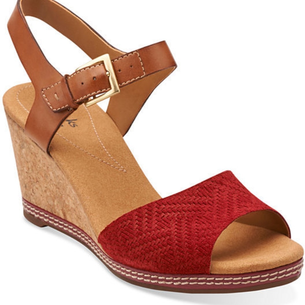 Clarks Helio Jet Strap Wedge Sandal 6.5W wide red